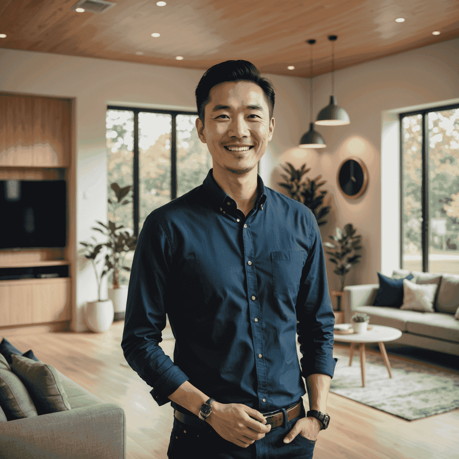 Yuki Tanaka, founder of SmartHome Hub, smiling in a modern smart home setting