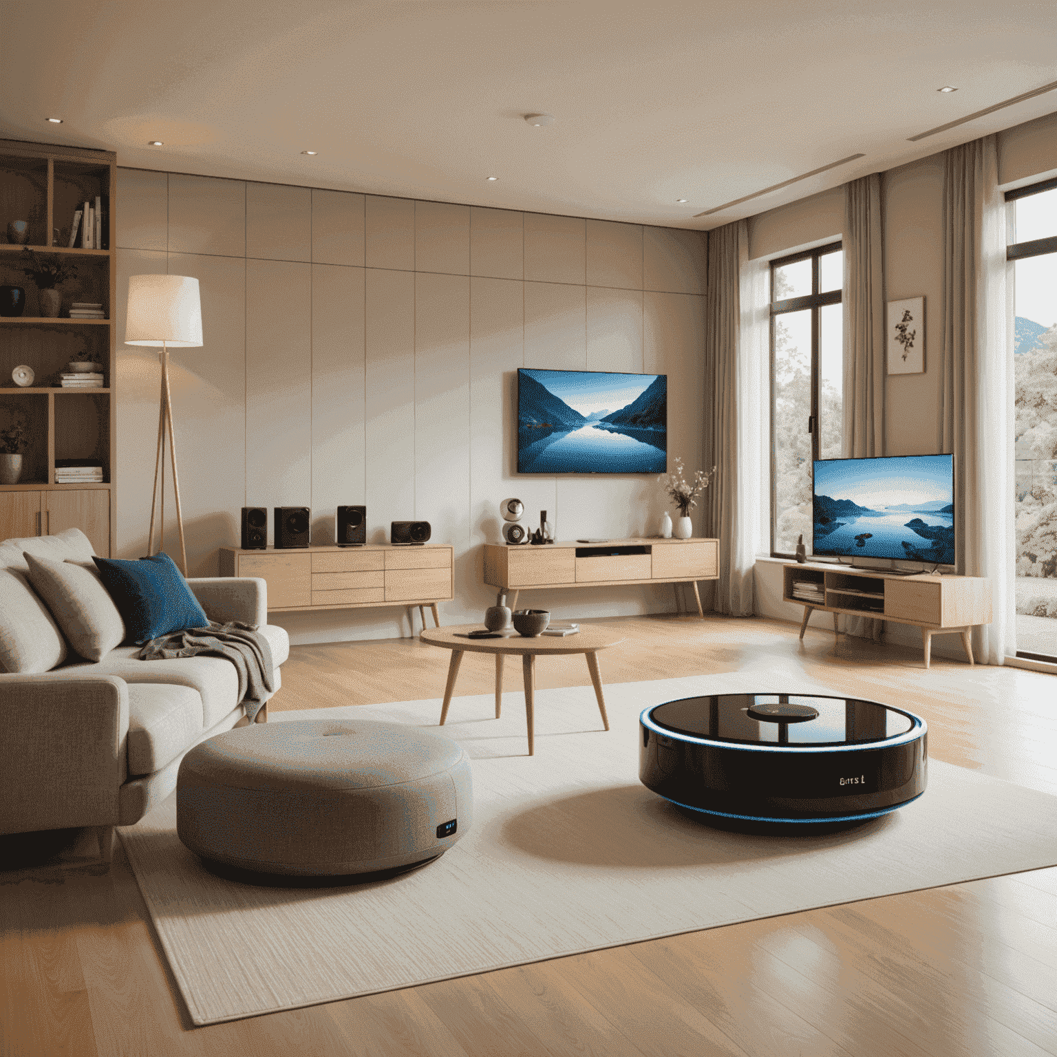 A modern Japanese living room with various smart home devices integrated seamlessly, including a smart TV, smart lighting, and a robot vacuum cleaner