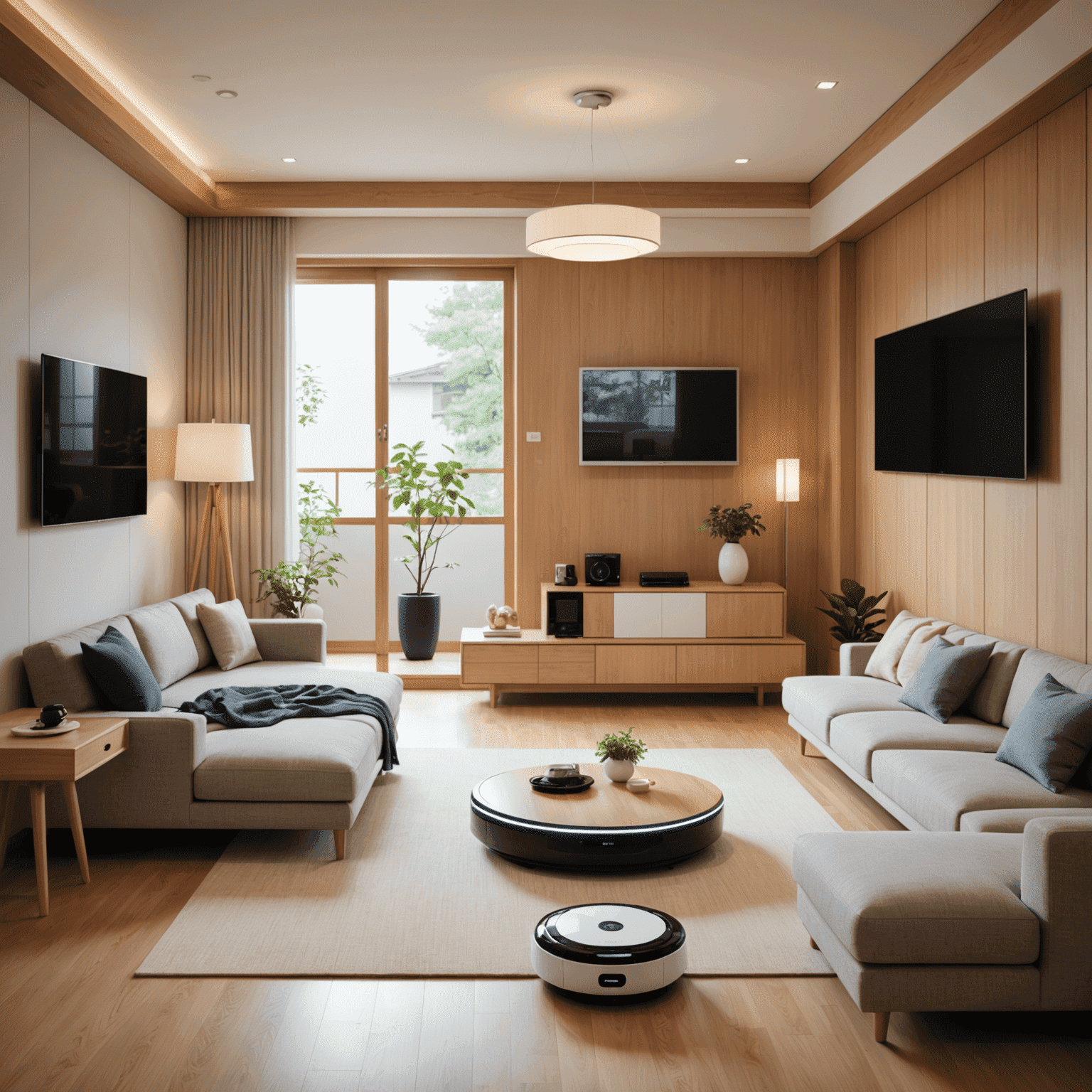 A modern Japanese living room with various smart devices integrated seamlessly, including a smart TV, voice-controlled lighting, and a robotic vacuum cleaner