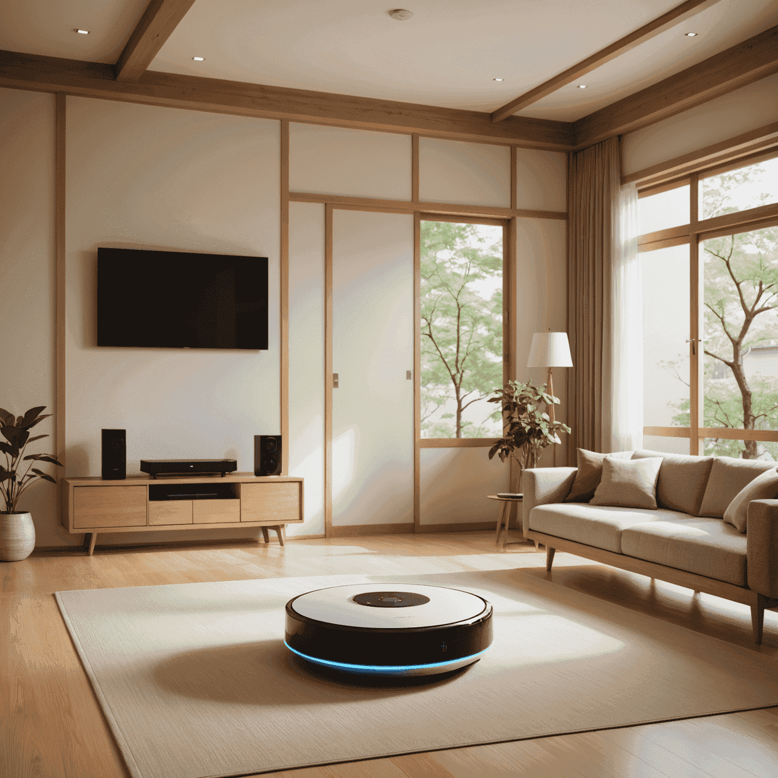 A modern Japanese living room with various smart home devices visible, including a smart TV, voice-controlled lighting, and a robot vacuum cleaner. The room has a minimalist design with traditional Japanese elements.