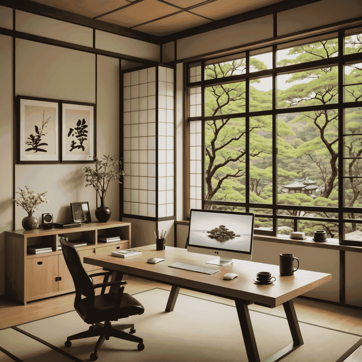 A modern Japanese home office setup with sleek smart devices neatly arranged on a minimalist desk. The room features traditional shoji screens and a view of a zen garden, blending technology with traditional Japanese aesthetics.