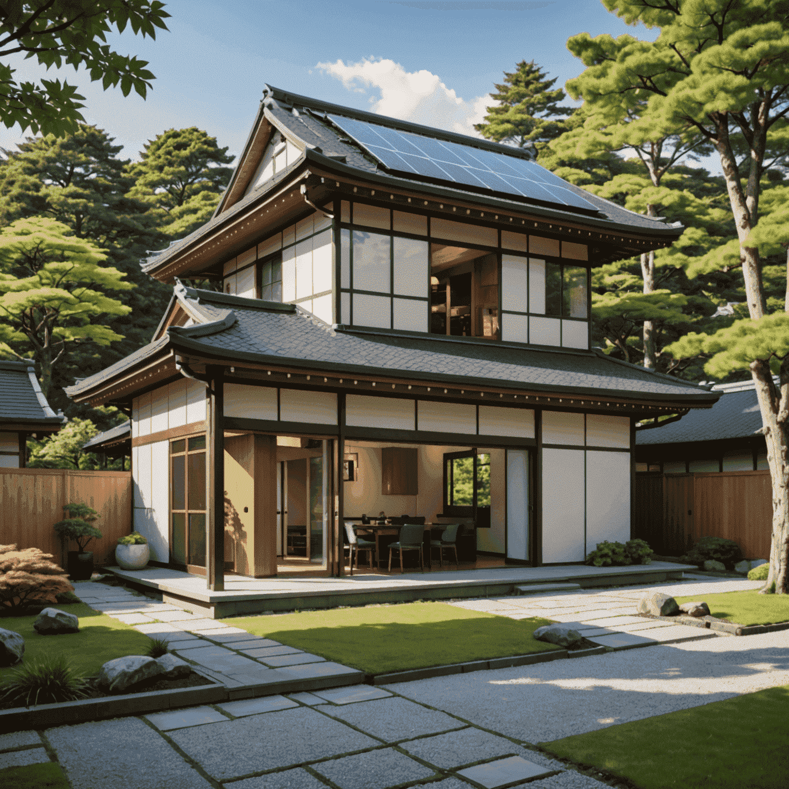 A modern Japanese home with visible smart technology devices, such as solar panels on the roof, smart thermostats, and energy-efficient appliances. The image showcases a blend of traditional Japanese architecture with cutting-edge smart home features.