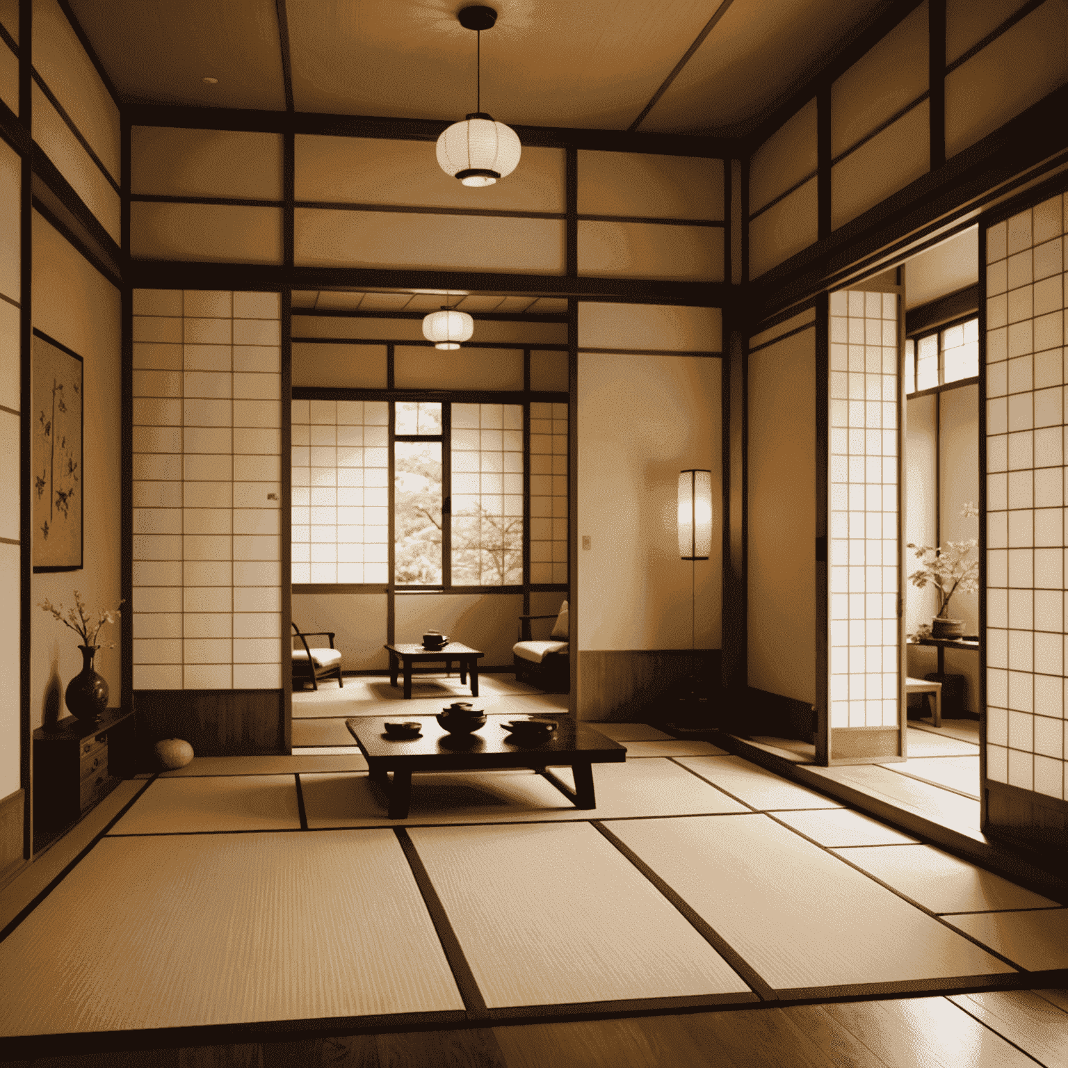 A traditional Japanese room with sliding shoji screens, tatami mats, and a low table. Subtle smart home devices like hidden speakers and a smart lighting system are seamlessly integrated into the decor.