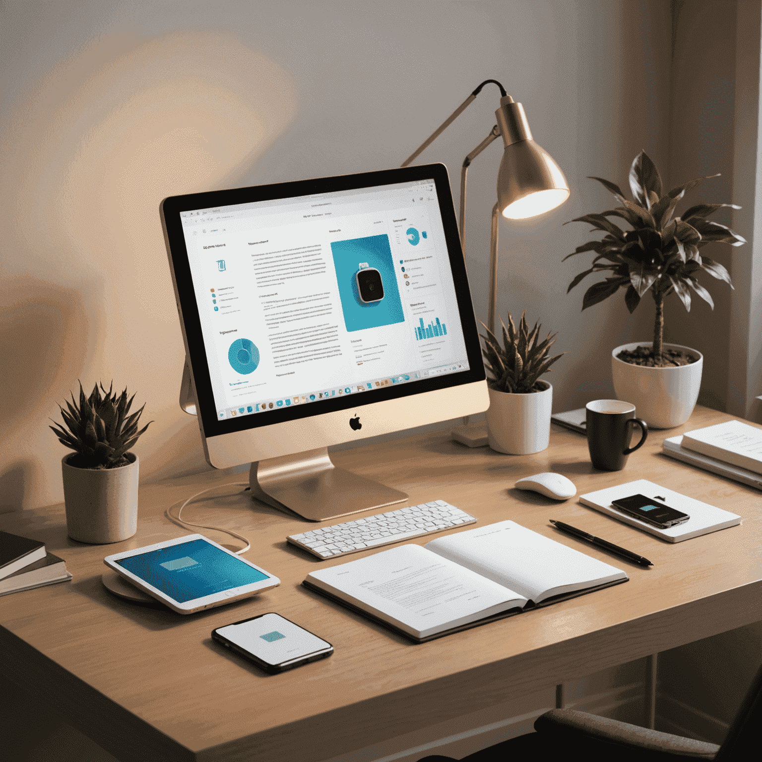 A collection of five innovative smart office gadgets arranged on a sleek desk, including a smart pen, AI-powered desk lamp, wireless charging pad, smart speaker, and a digital paper tablet