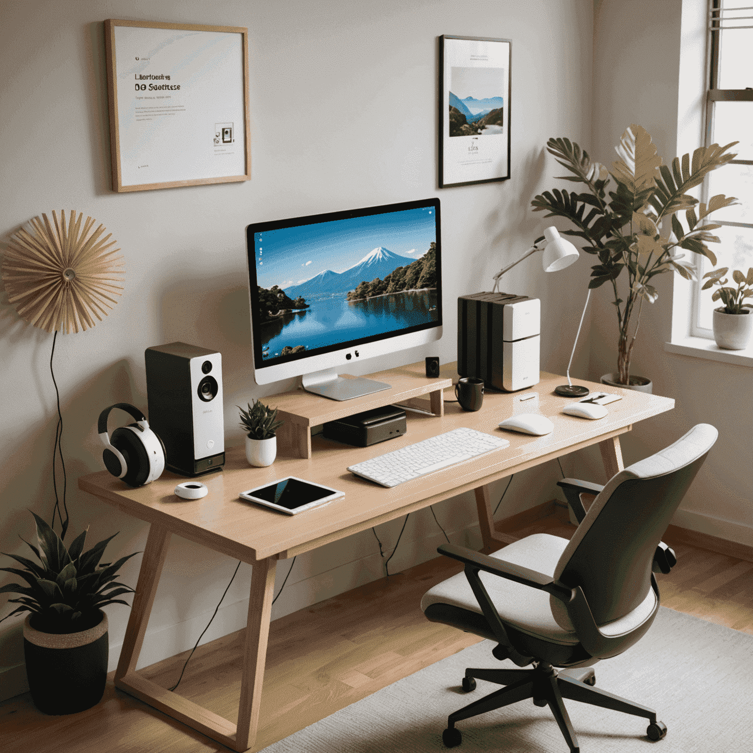 A stylish Japanese home office setup with five innovative smart gadgets, including a smart desk, AI-powered webcam, noise-cancelling headphones, e-ink tablet, and a smart air purifier