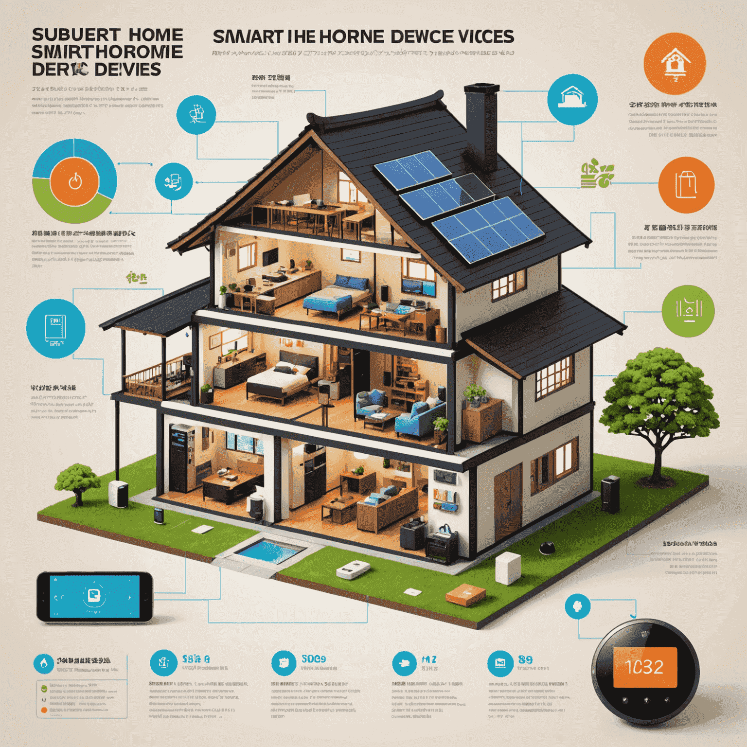 An infographic showing various smart home devices and their energy-saving potential, with Japanese text labels and a traditional Japanese house silhouette in the background.