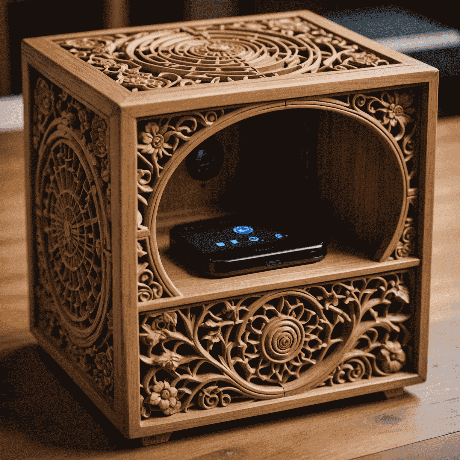 A close-up of a traditional Japanese wooden box with intricate carvings, slightly open to reveal a modern smart home hub nestled inside.