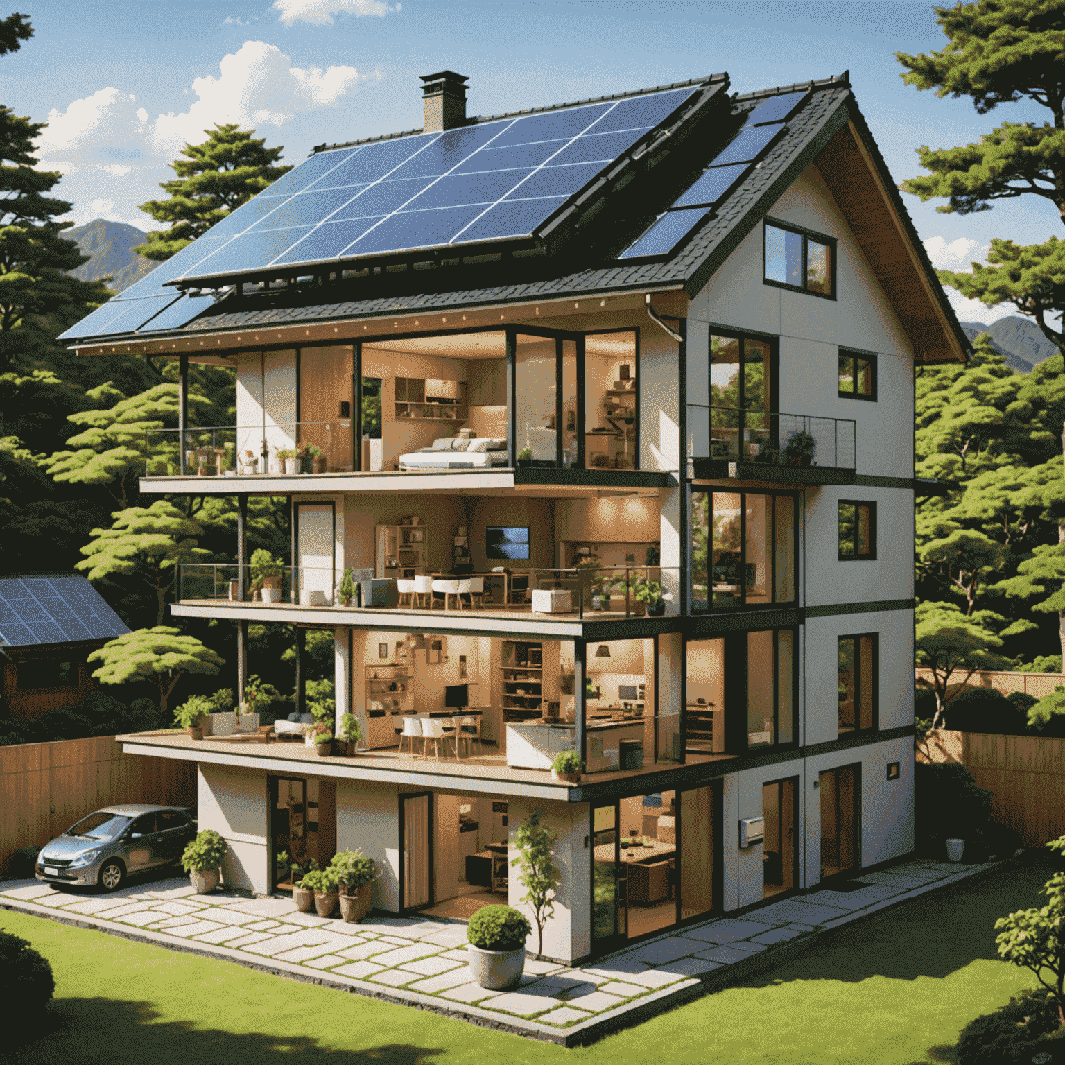 A cutaway view of a Japanese home showcasing various energy-efficient smart technologies, such as solar panels, smart thermostats, LED lighting, and energy monitoring systems