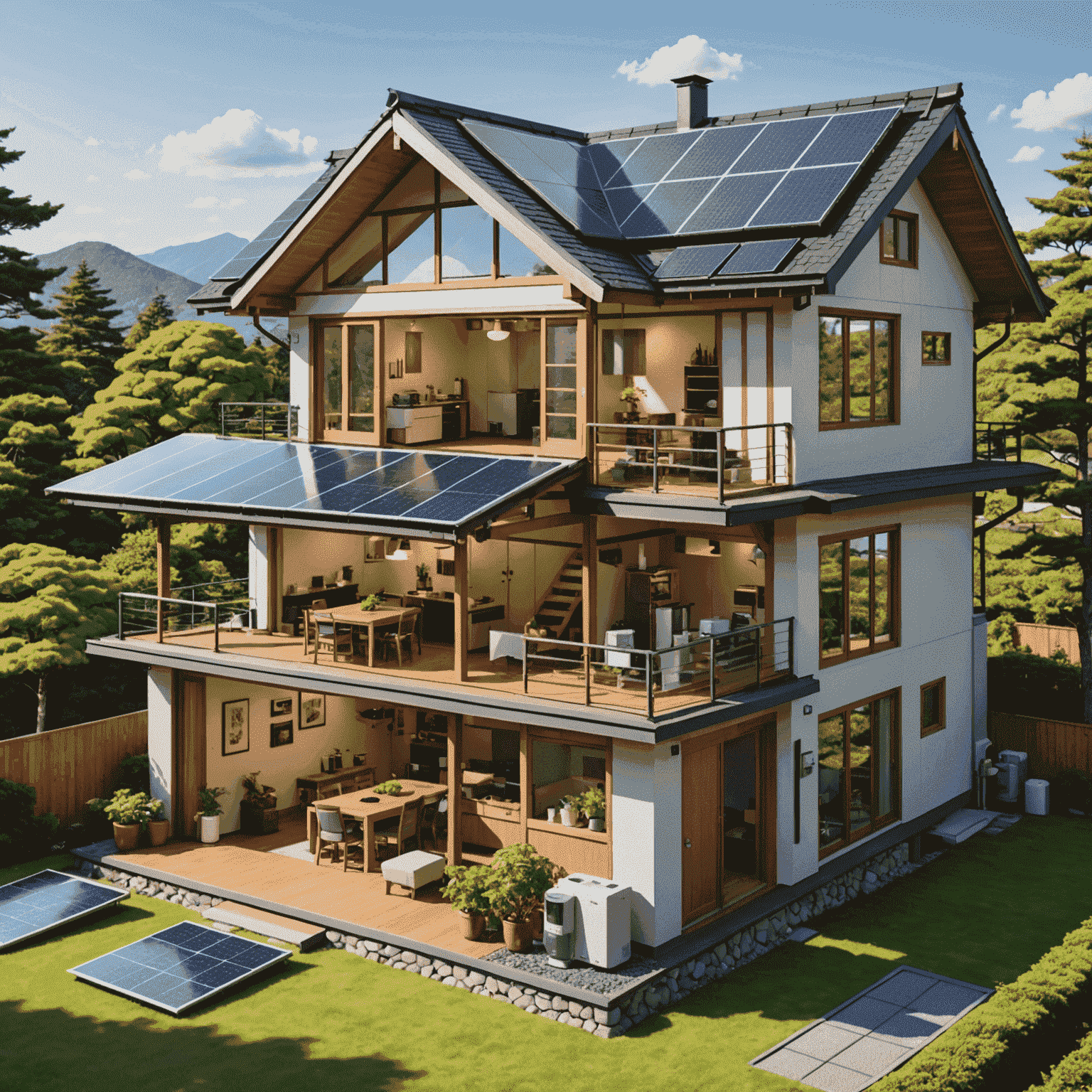 A cutaway view of a Japanese home showcasing various energy-efficient smart technologies, such as solar panels, smart thermostats, and energy-monitoring systems