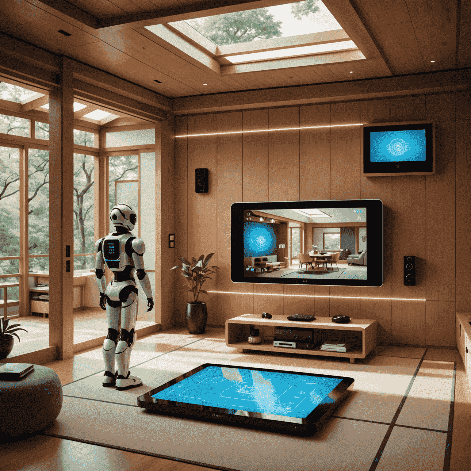 A futuristic Japanese smart home concept with holographic interfaces, robot assistants, and energy-efficient design elements integrated seamlessly with traditional Japanese architecture.