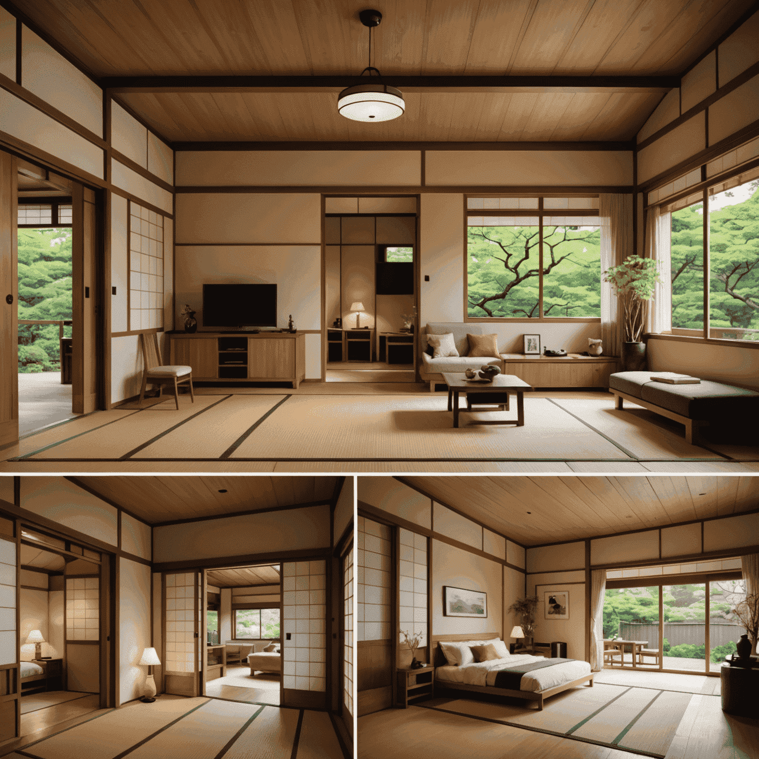 A split-screen image comparing a traditional Japanese home interior with a smart home-equipped Japanese interior, highlighting the seamless integration of technology with traditional aesthetics.