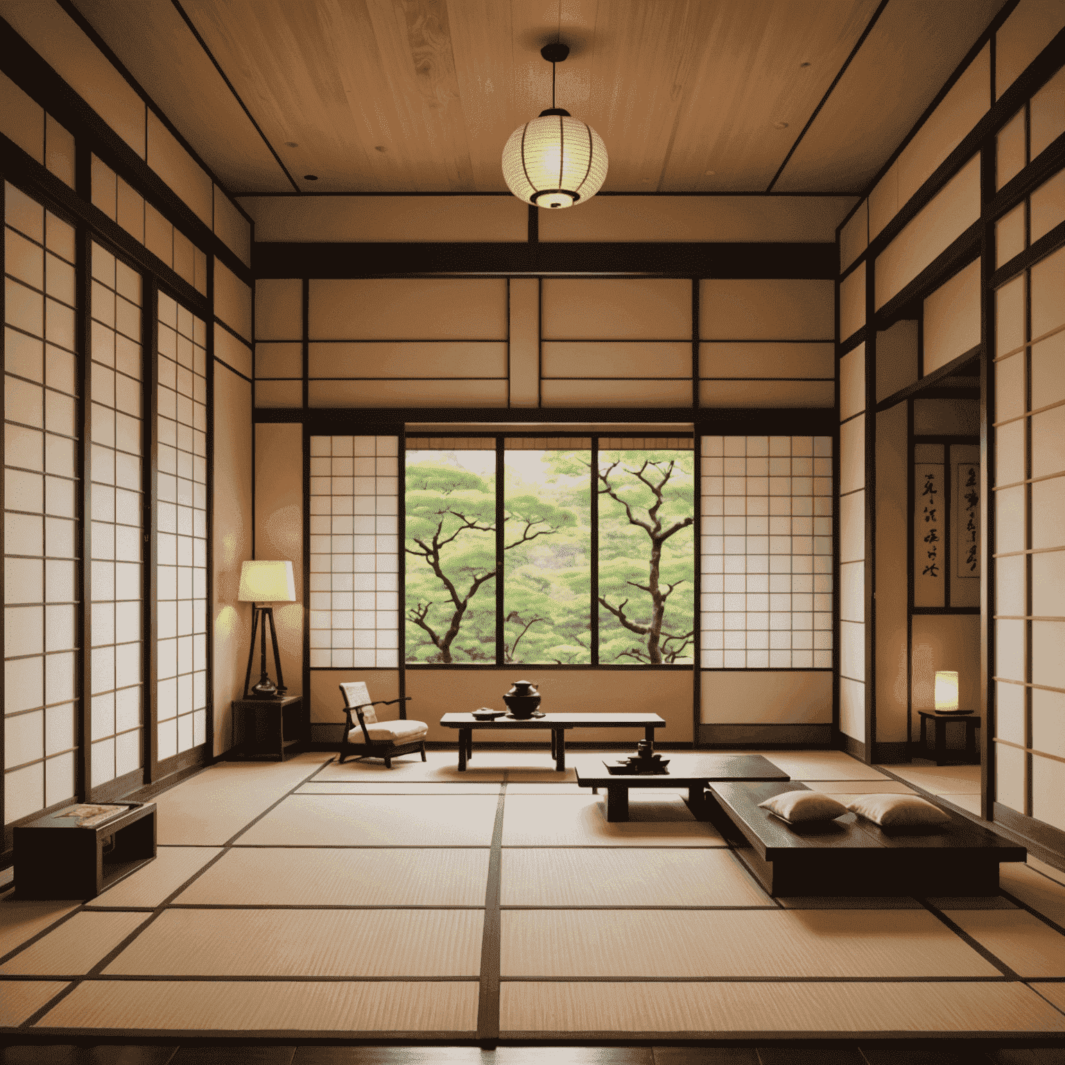 A beautifully designed Japanese room with traditional elements like shoji screens and tatami mats, seamlessly integrated with modern smart home devices