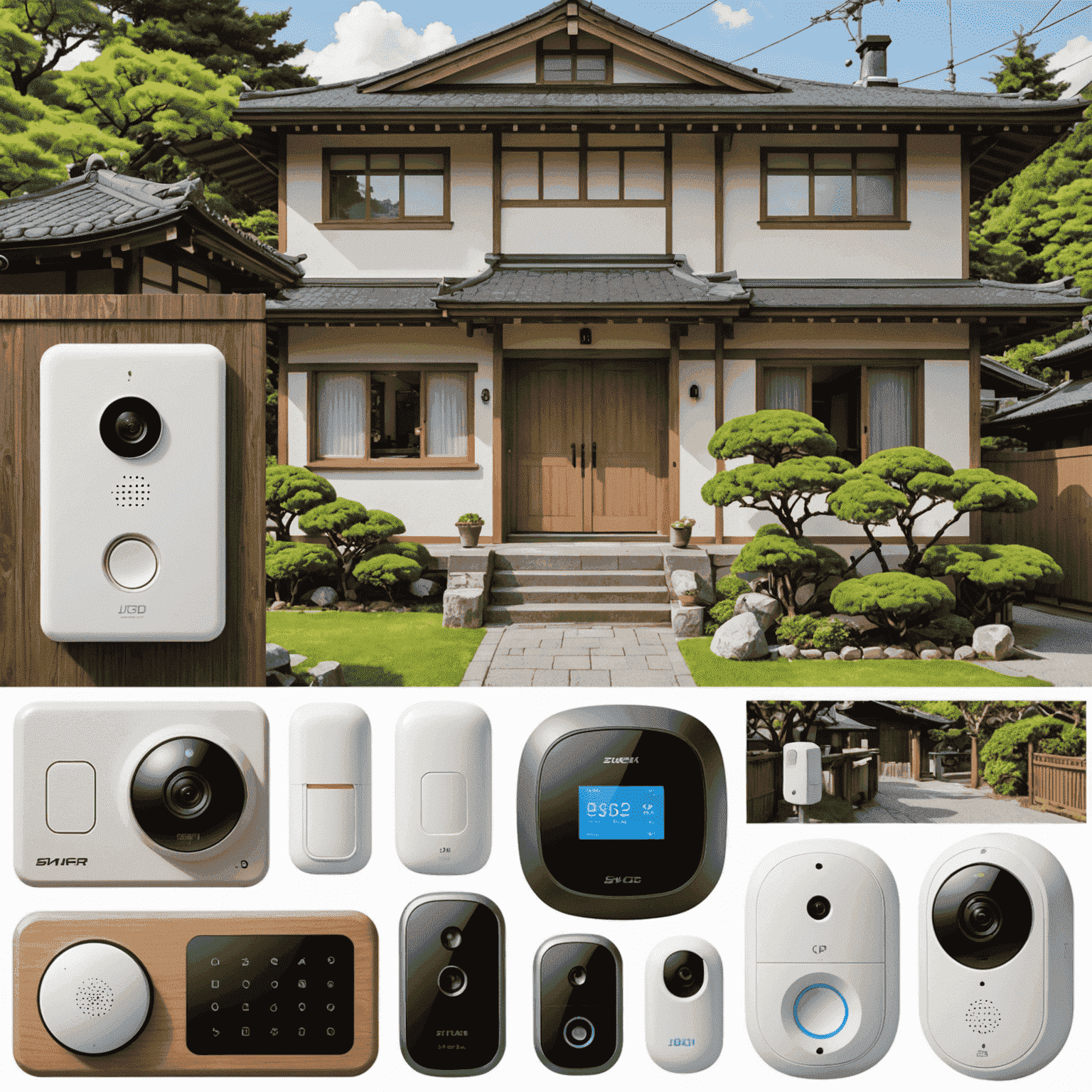 A collage of smart security devices including cameras, smart locks, and motion sensors, set against the backdrop of a typical Japanese home exterior